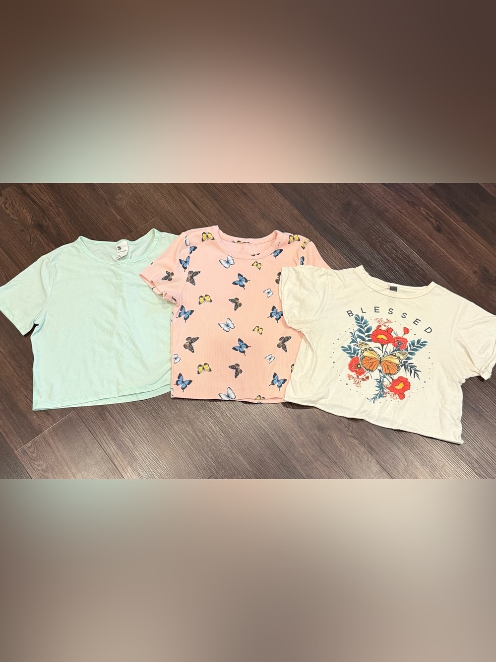 all in motion Girls Pastel Crop Tee Trio - Mint, Pink Butterfly, Cream Floral